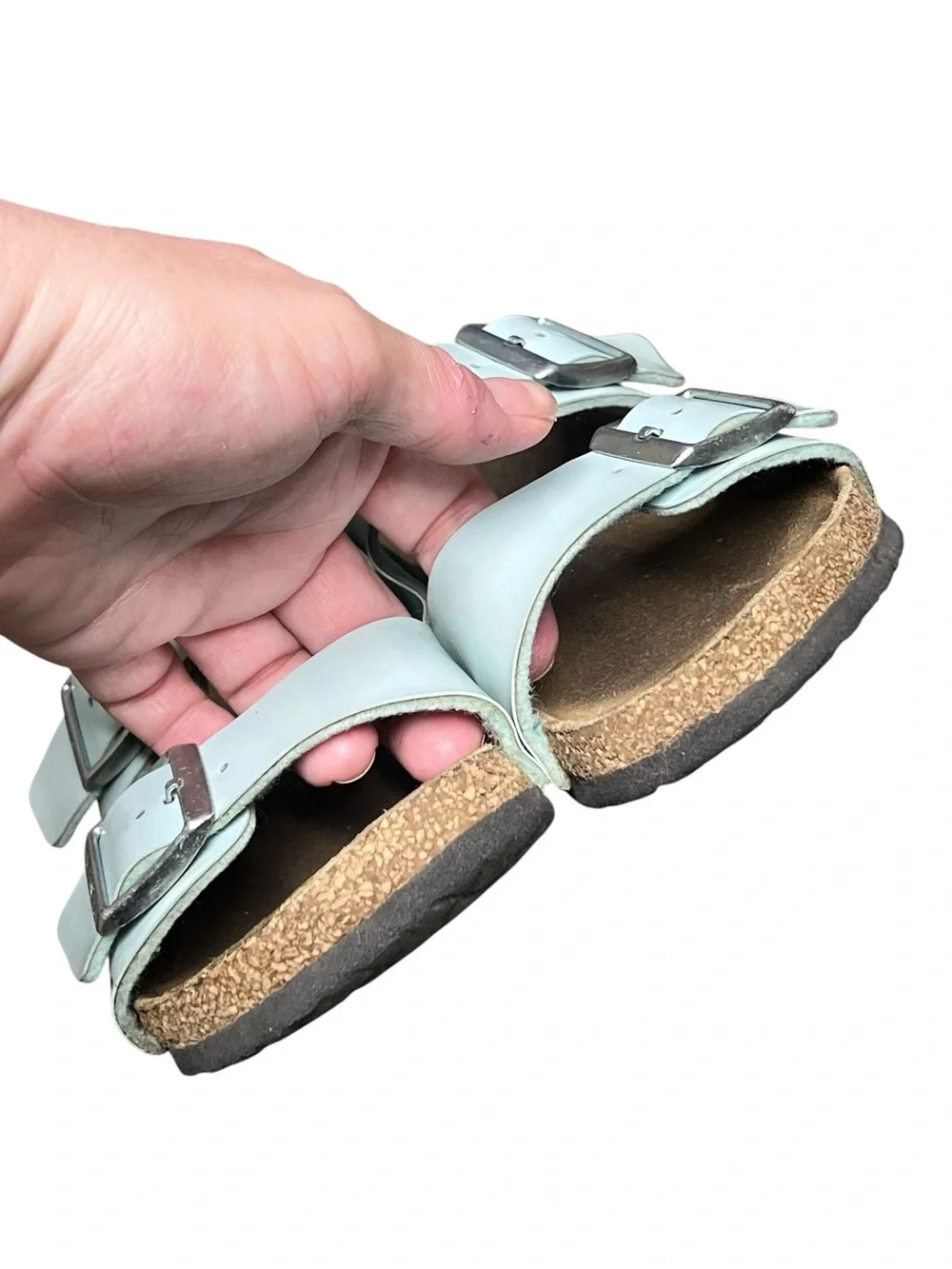 Birkenstock Arizona light blue patent leather two strap sandals